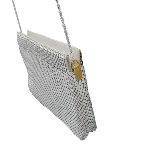 Vintage 80s White Metal Mesh Evening Bag Crossbody Chain Shoulder Bag Formal - Picture 7 of 12